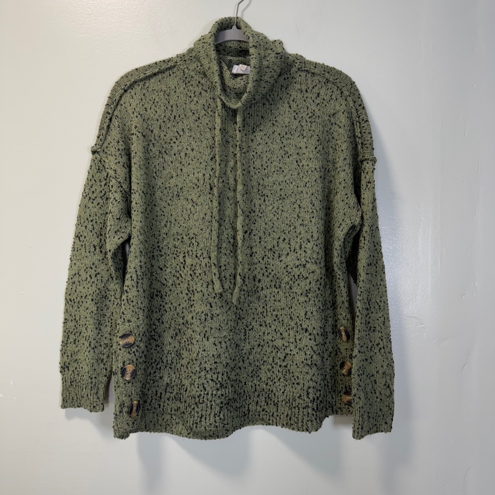 Westbound Petites Green Marled Turtleneck Sweater Large PL Side Buttons